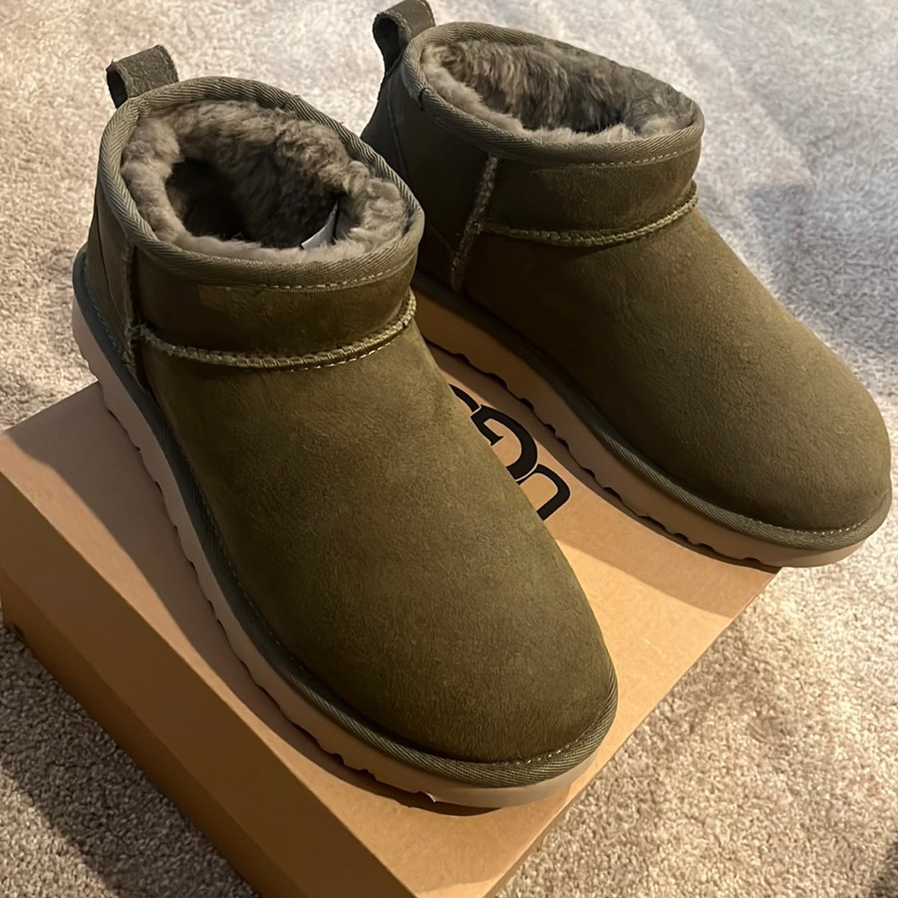Olive green ultra mini Ugg boots